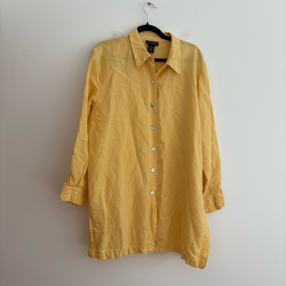 Dialogue Linen Blend Button Down Yellow Long Sleeve Tunic Top Lagenlook XL